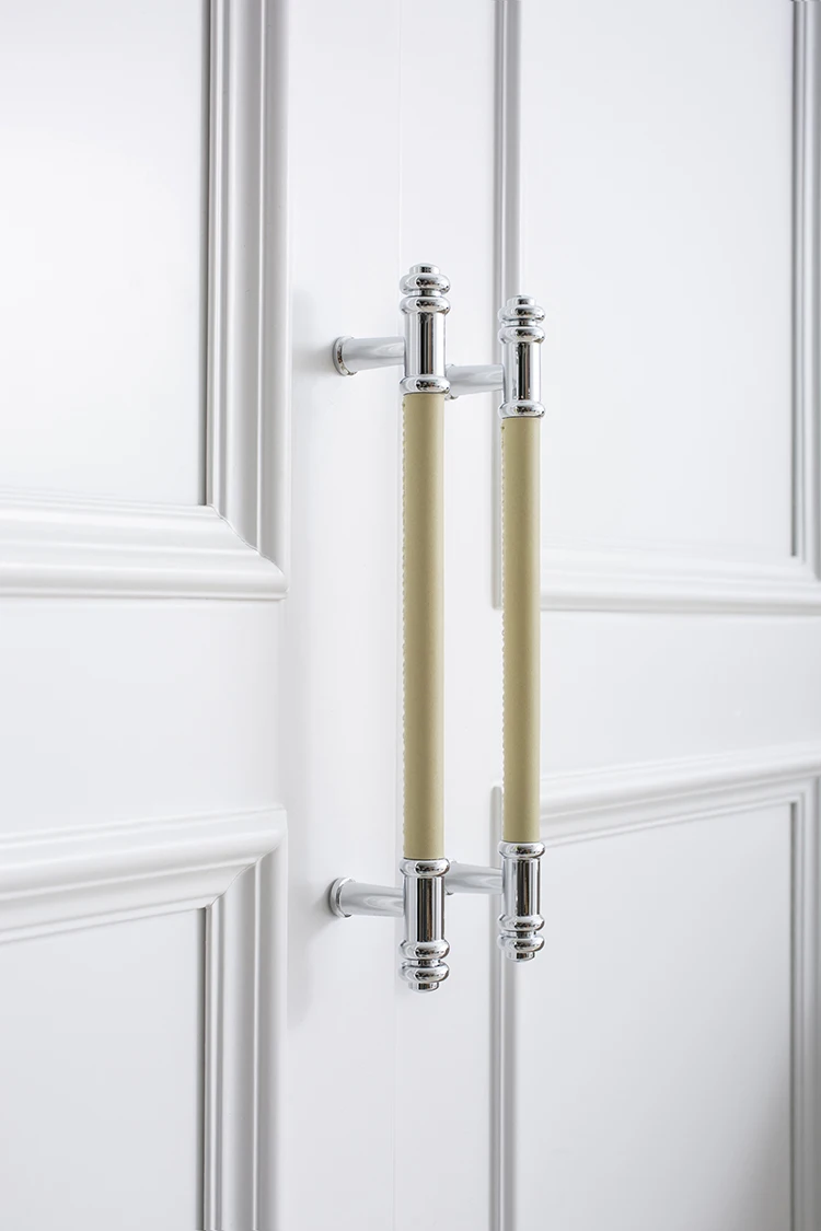 Furniture Brass Konbs Drawer Cabinet Knob Kitchen Door Silvery Cabinet Bedroom Wardrobe Handmade Cowhide Leather Long Handles