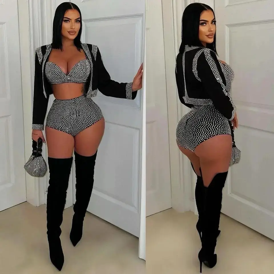 Pant Set Women Two Piece Sets Hot Drilling Full Sleeve High Waist Shorts Deep V Neck Sling Vest Y2k Party Night Sexy 2026