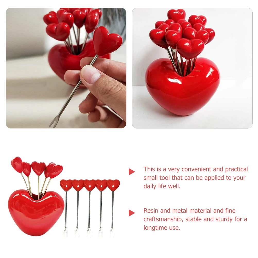 

1 set 10 Heart-Shaped Cake Forks Sweet Dessert Fruit Picks Stainless Steel Red Resin Handle Mini Forks Kitchen Tool Gift