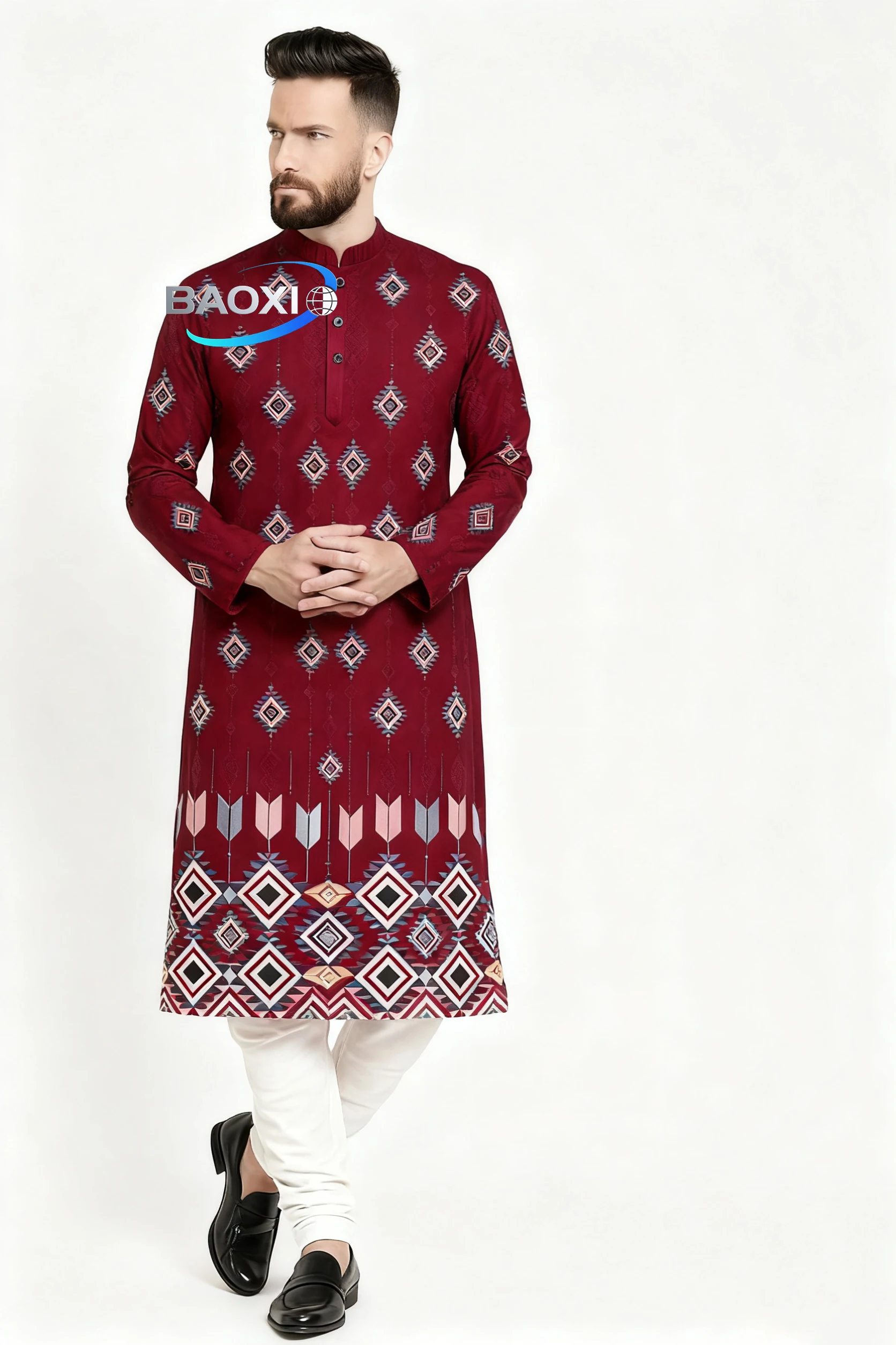 2026 abito lungo da uomo con colletto alla coreana stampato Kurta Gezha adatto a tutte le occasioni, come luoghi nuziali di fascia alta