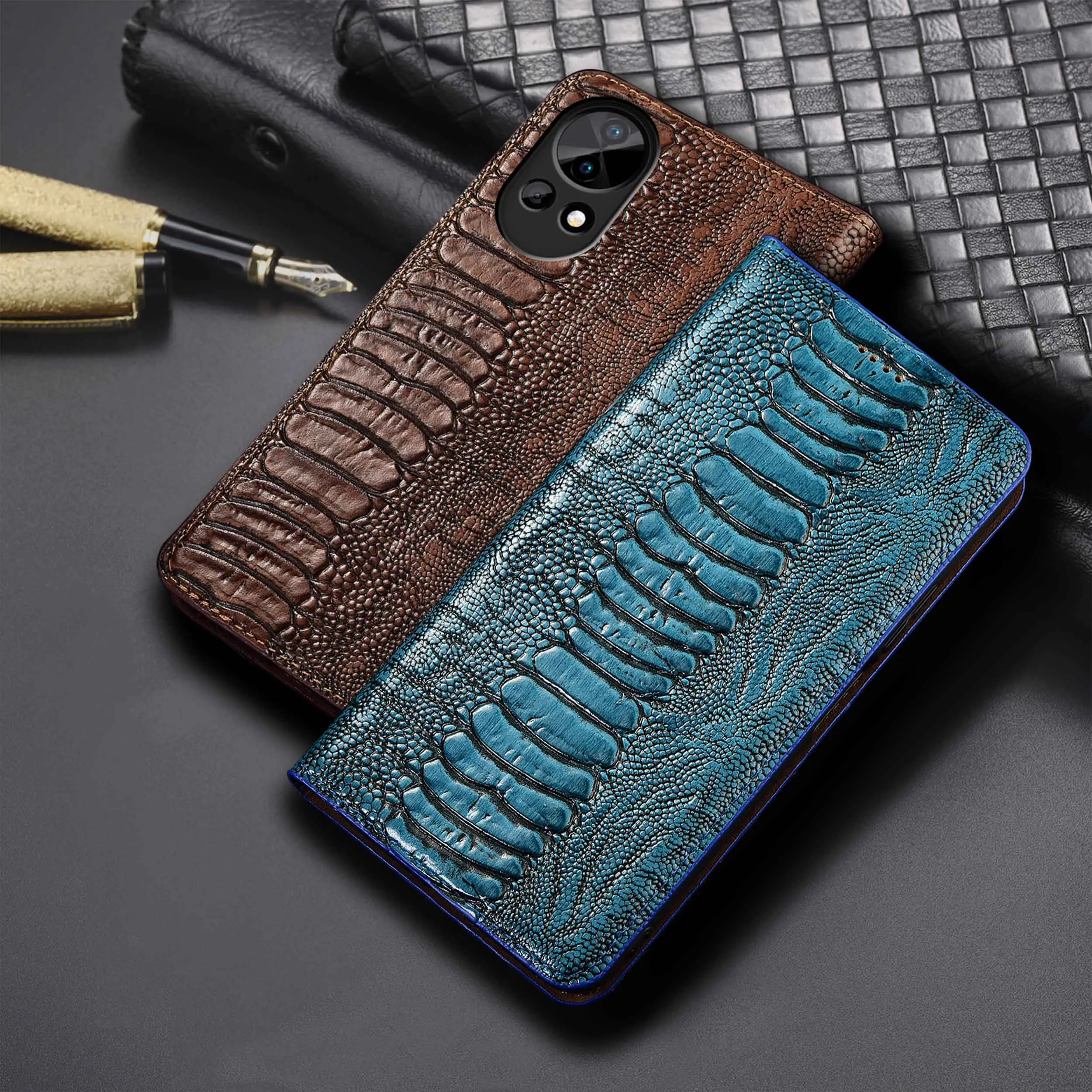 

For Huawei Nova 7 8 9 10 11 11i 12 12S 12i 13 13i 14 Pro Ultra SE Ostrich Feet Pattern Genuine Leather Flip Phone Case Cowhide