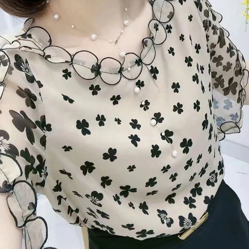 Summer Elegant Office Lady Top Artistic Chinese Style Chic Round Collar Batwing Sleeve Loose Casual Printed Floral Blouse Women