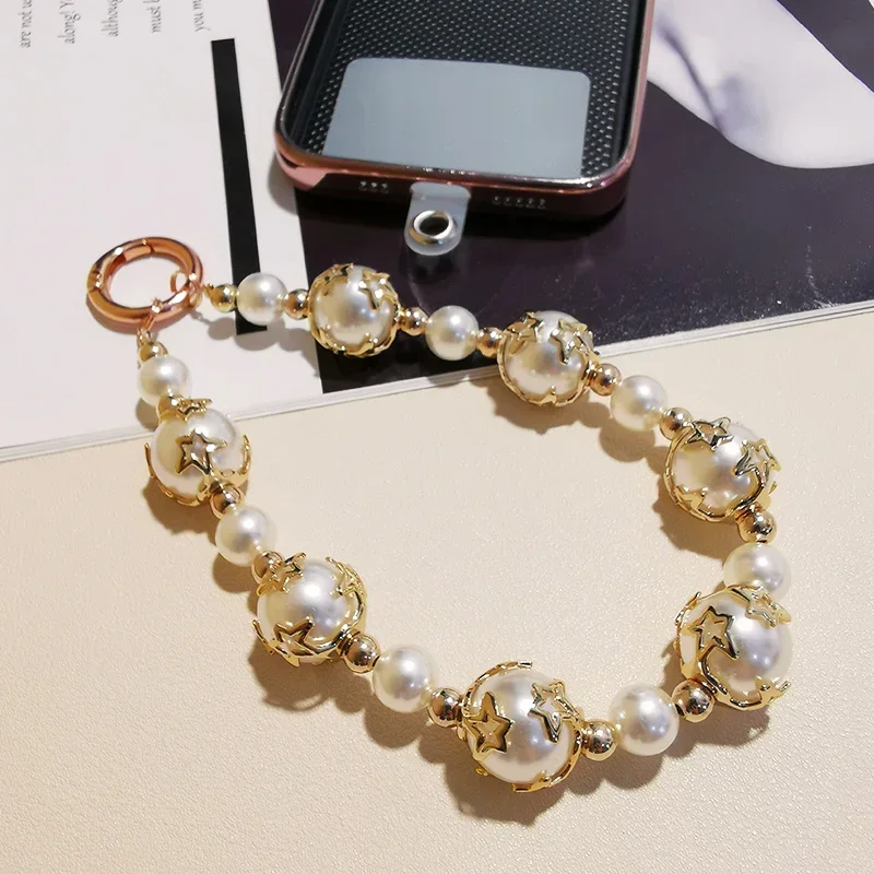 Mobile Phone Lanyard Short Wrist Pendant Five Point Star Pearl String Chain Hollow Hanging Universal Phone Case Anti Loss Sling