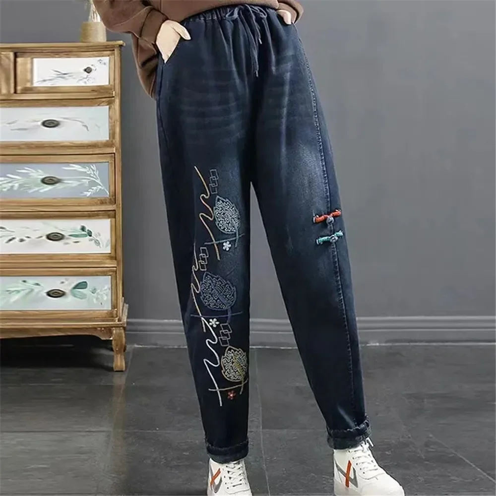 Spring And Autumn Embroidered Jeans Single Pants Denim Retro Art Trouser Women High Waist Harlan Fat Sister Casual Streetwear