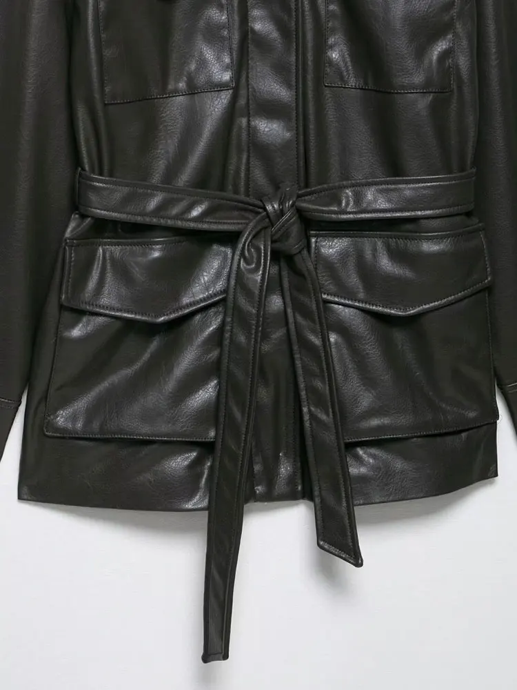 Moda feminina com cinto jaqueta de couro falso casaco manga longa bolsos frontais feminino outerwear chiques topos