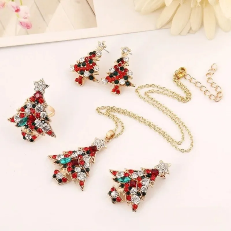 

Exqusite Christmas Earrings Cute Christmas Tree Necklace Ring Brooch Set for Women Girls New Year Party Gifts Jewelry