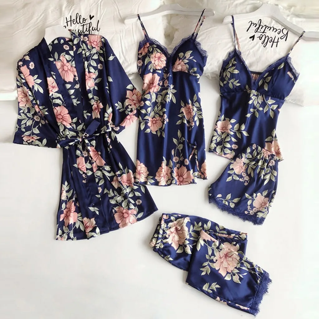 

Foply 5 Piece Pajamas Set Lace Stain Women Pijamas Faux Silk Pyjamas Floral Dressing Gown Summer Robe Sleepwear With Chest Pads