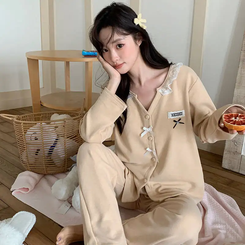 

Пижамные комплекты с длинным рукавом для женщин: летние, цвета шампань, уникальный дизайн, в тропическом стиле, домашняя одежда, с круглым вырезом, укороченные брюки, охлаждающие