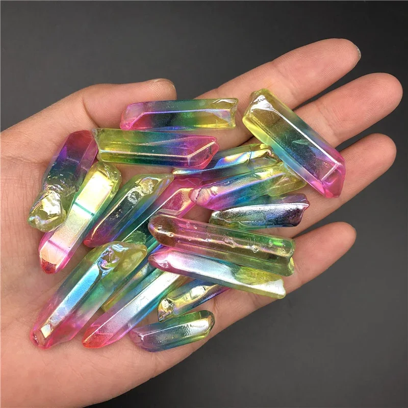 50g Electroplated Red Titanium Rainbow Aura Lemurian Quartz Crystal Point Healing Stones Decor Natural Stones and Minerals