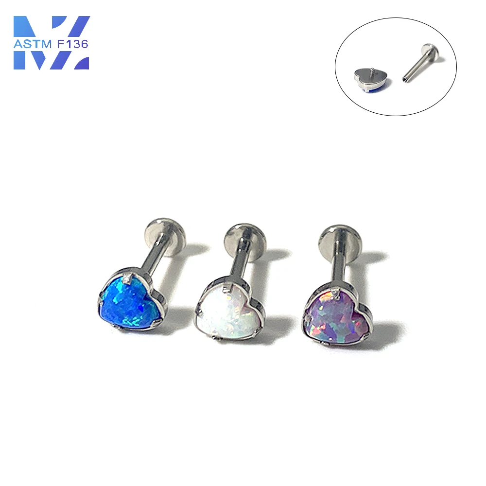 1 Pcs F136 Titanium Internal Threaded Ear Bone Stud 16G Heart Opal Lip Stud Earrings Body Piercing Jewelry