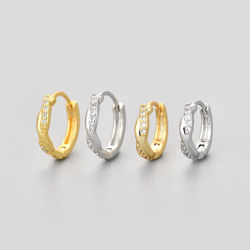 Twisted Wave Inlaid Clear Zircon Small Huggie Hoop Earrings Gold Silver Minimal Stackable Daily Women Piercing Jewelry Gift
