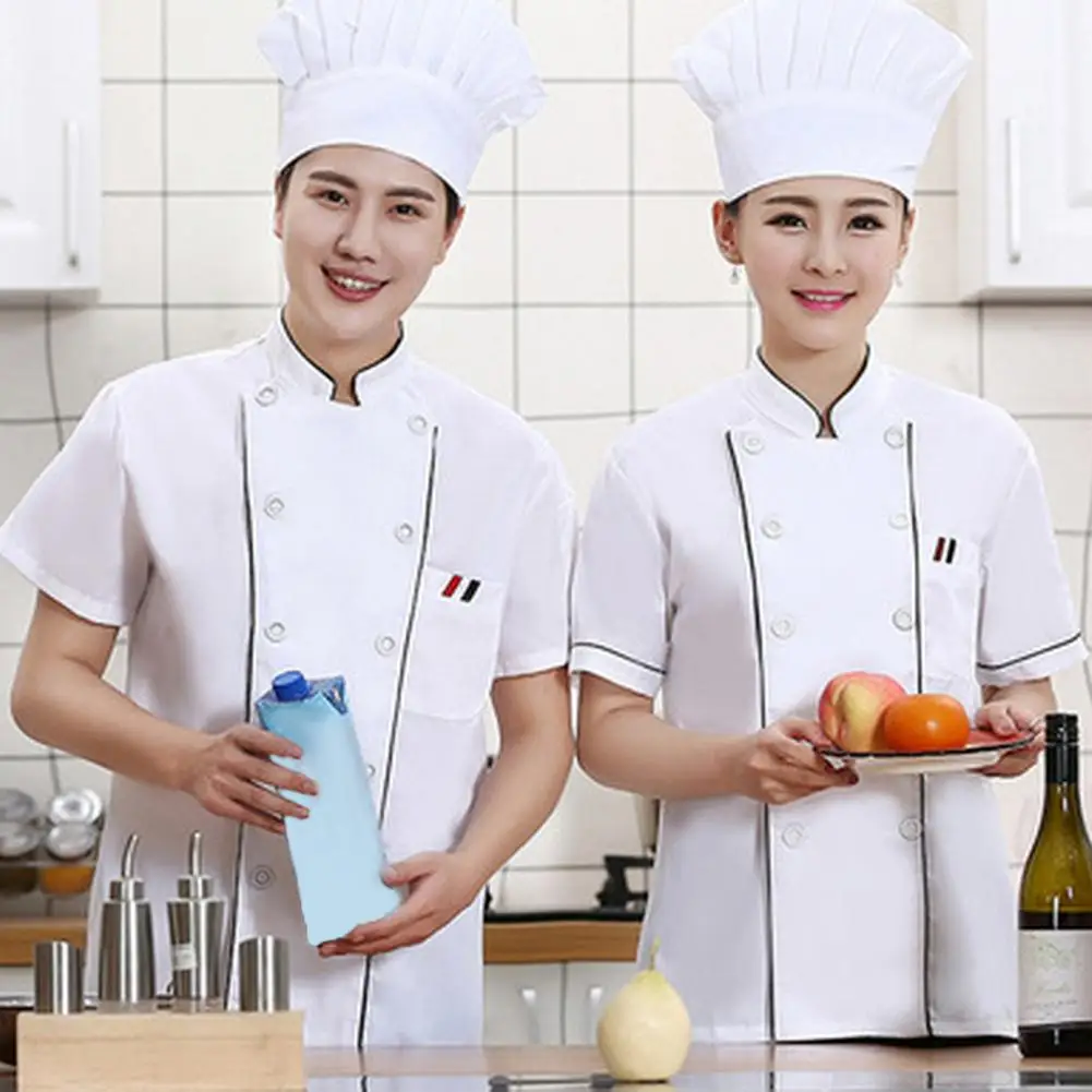 Men's Chef Jacket Short Sleeve Kitchen Clothes White Restaurant Waiter Uniform Food Catering Cook Coat Bakery Cafe Workwear