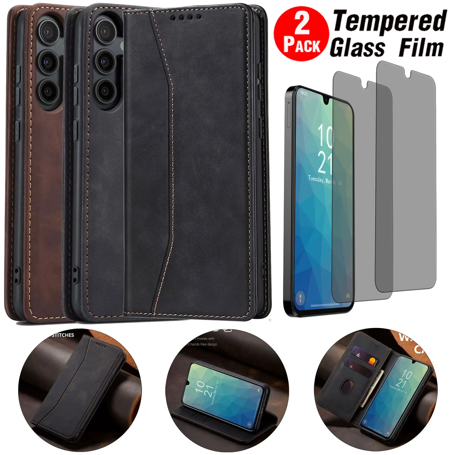 

Для Samsung Galaxy A16 кошелек из искусственной кожи, магнитный чехол с откидной подставкой + 2 шт., защитная пленка из закаленного стекла для конфиденциальности