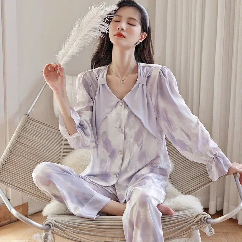 

Tie-dye Long-sleeved Women's Pajamas Set Bow Senior Sense of Elegance Temperament Ice Silk Spring and Fall Housewear Sleepwear