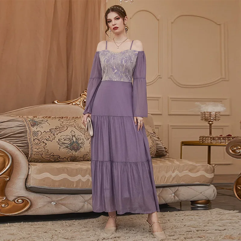 Arabian Women's Clothing, Muslim Dress. Abaya Muslim Middle Eastern Fashion Sweet Purple Mesh Temperament Gathering Evening Gown