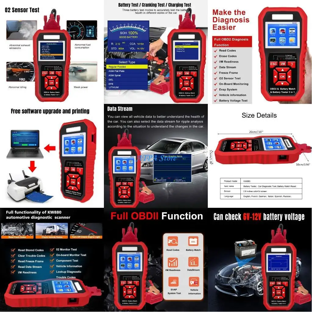 

U13C 3 in 1 12V Car Battery Tester OBD2 Oil Reset Automotive Cranking Charging Test Code Reader AnalyzerEngine Check