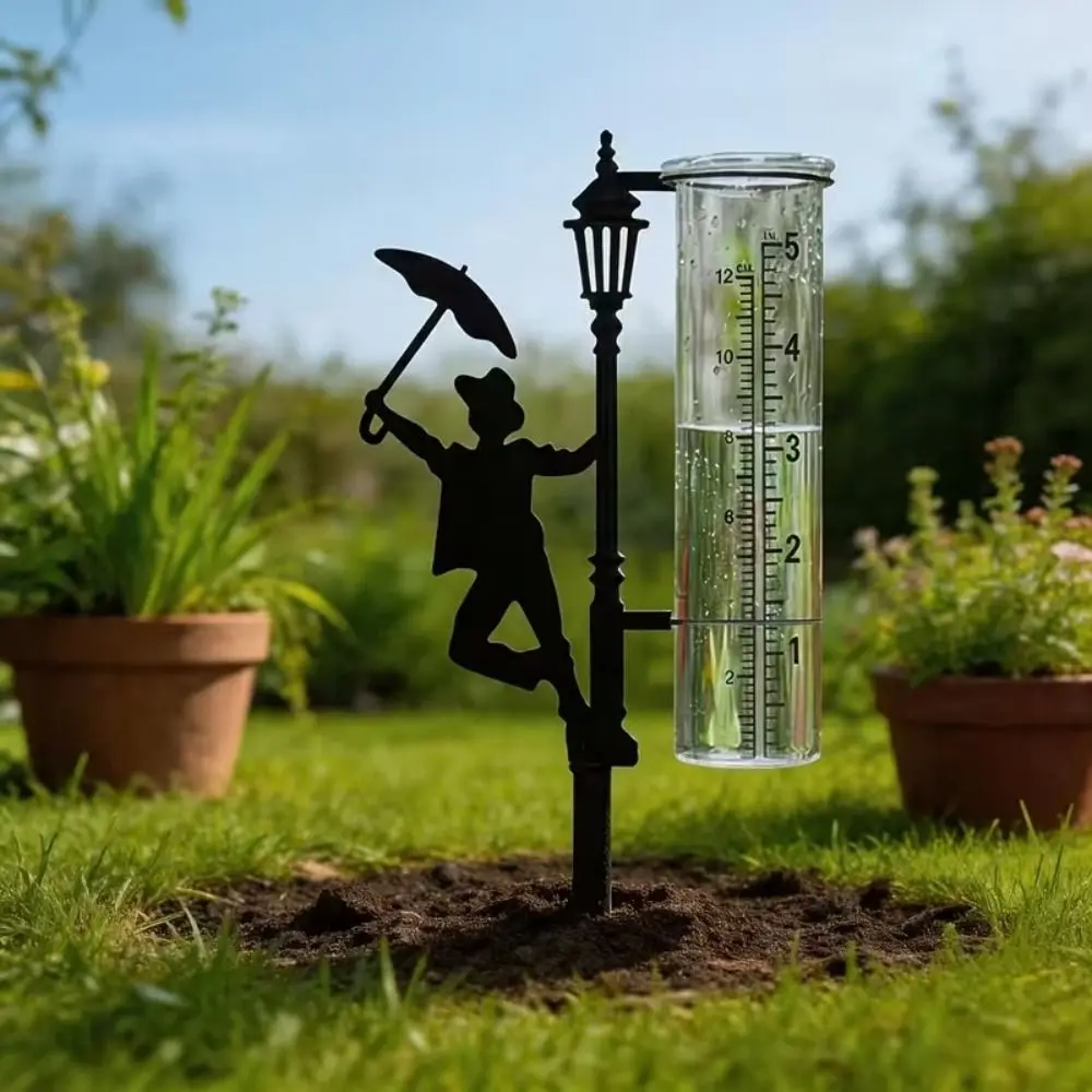 Iron Art Metal Frog Rain Gauge Stake Removable Rustproof Outdoor Glass Tube Rain Gauge Umbrella Frog Shaped with Scale