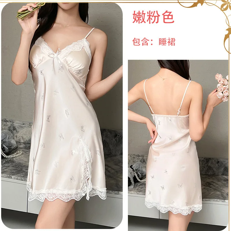 

Sexy Ice Silk Nightgown with Chest Pads, Pure Desire Style Butterfly Print Camisole Nightgown, Comfortable Loungewear