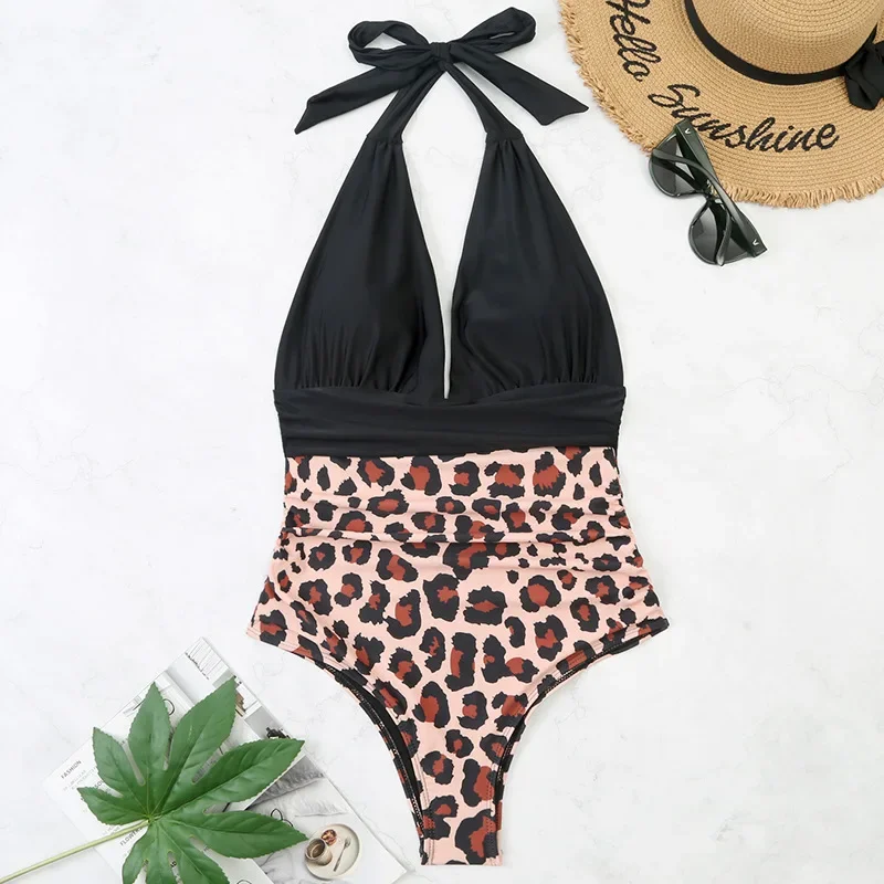ฤดูร้อนลึก V คอ Halter Waterside ผู้หญิง Beachwear ชุดว่ายน้ําสตรี 2025 One Piece เซ็กซี่เสือดาวบิกินี่ Ropa