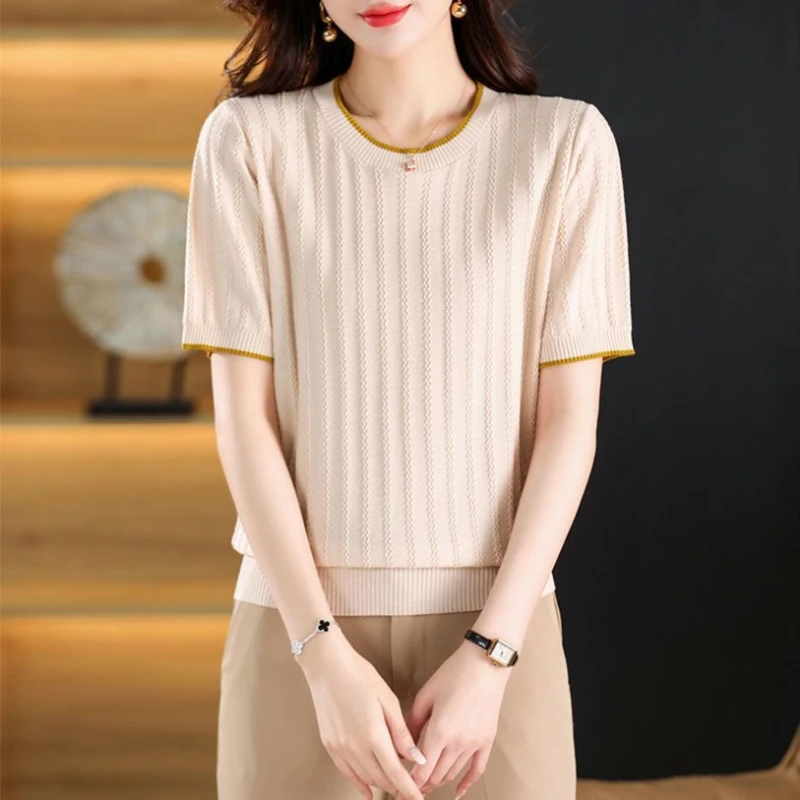 

female Summer short Sleeve Loose O Neck Pullover Office Lady knitwear Style Solid Color Fashion Casual pullover for Women q667