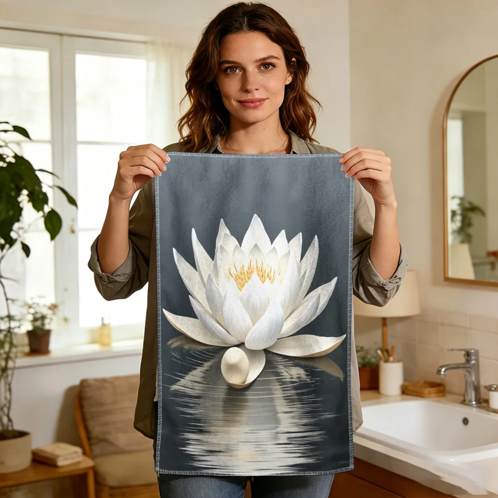 1pc/2pcs Printed White Lotus Kitchen Towel-Super absorbent, reusable polyester dishcloths, perfect for home decor, cooking, baki