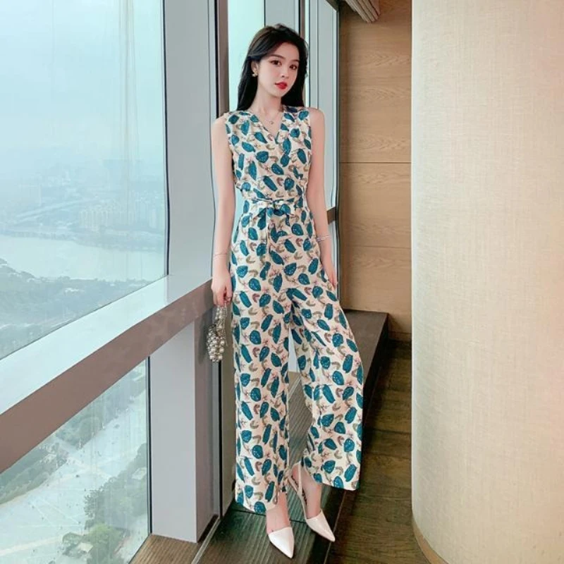 

Women's Print High Waist Belted Wide Leg Jumpsuit 2026 Summer New Arrival Elegant Casual Slim Fit Trendy Long Pants