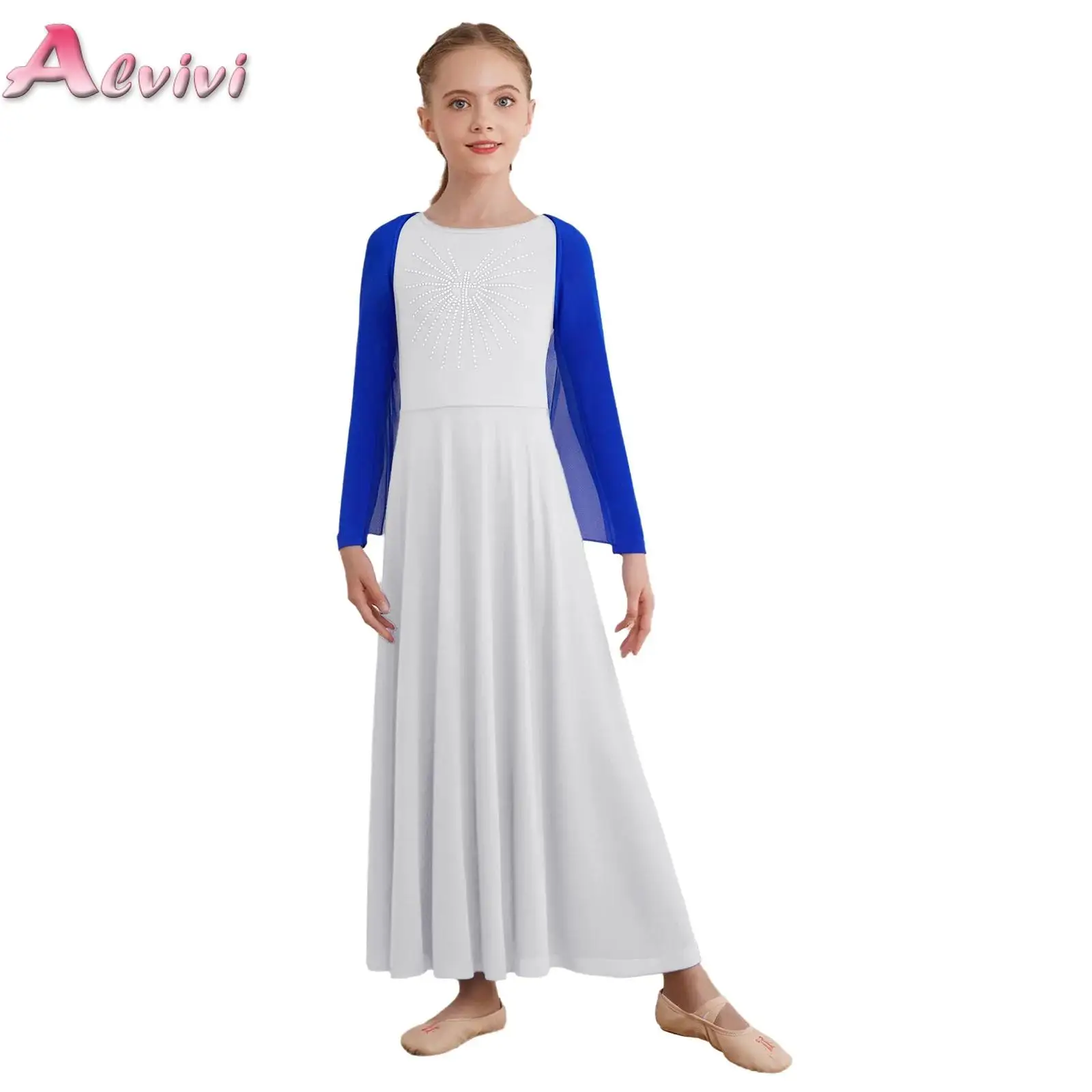 

Kids Girls Praise Worship Dance Outfit Irregular Hem Drapey Angel Wing Shrug with Long Sleeve Glittery Rhinestone Maxi Dress