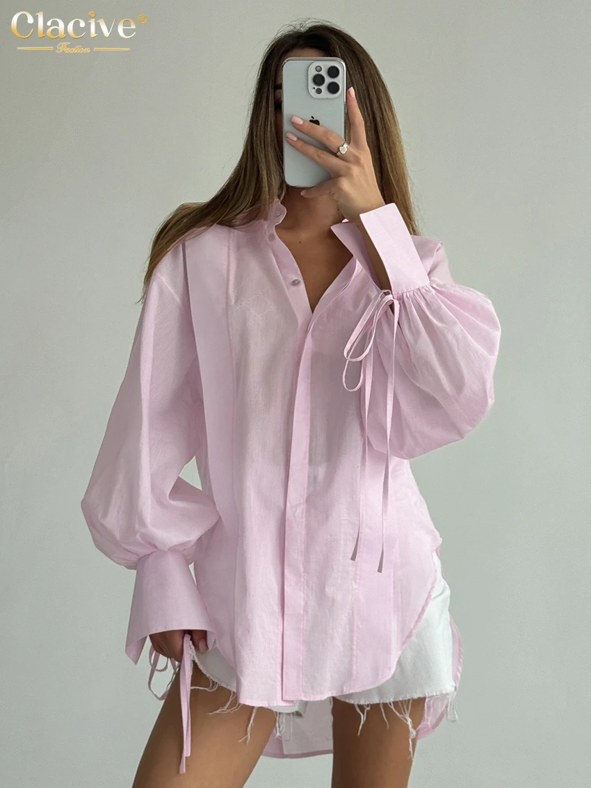 Clacive Fashion Luźne różowe bawełniane koszule damskie 2024 Casualowa bluzka z długim rękawem z klapami Elegancka klasyczna sznurowana odzież damska