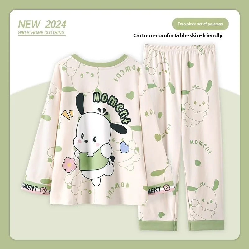 Pijamas de Hello Kitty para niña, conjunto de pijama bonito de dibujos animados para mujer, conjunto de dos piezas holgado y cómodo de algodón puro, pantalones superiores, ropa para el hogar