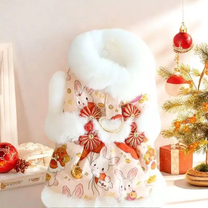 

New Year Dog Clothes Autumn and Winter Clothes Cat Princess Tang Suit Festive Fur Traction Small Dog Pets Keep Warm
