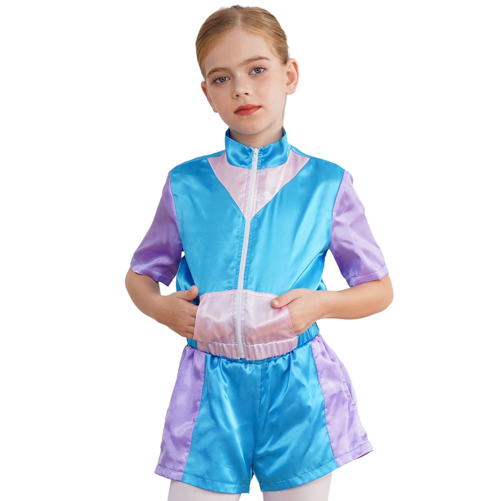 Kids Boys Girls 80s Disco Dance Hip Hop Costume Short Sleeve Color Block Crop Top And Shorts Sets Retro Tracksuit Sportswear