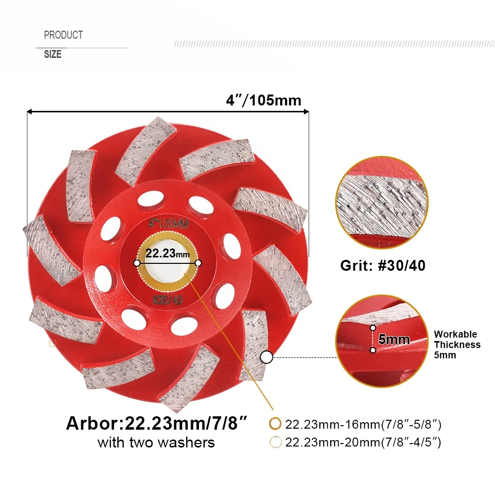 4 inch/105mm high frequency welded blades Turbo diamond grinding cup wheel discs for concrete, brick, granite floors