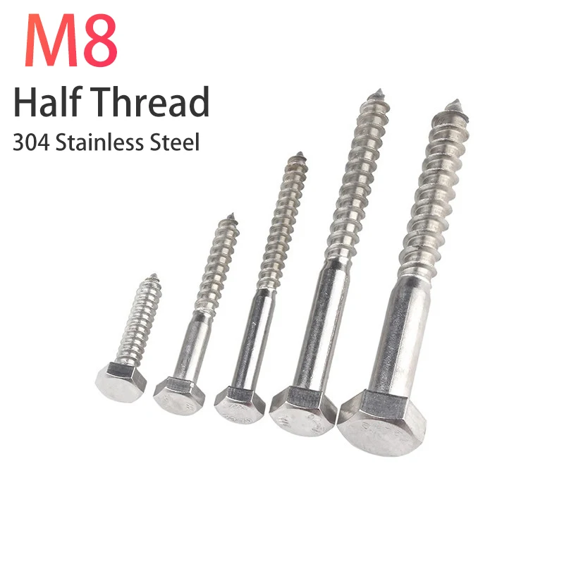304 Stainless Steel M8 Extra Long External Hex Self Tapping Wood Screws, Half Thread Sharp Point Timber Fasteners for Woodworkin