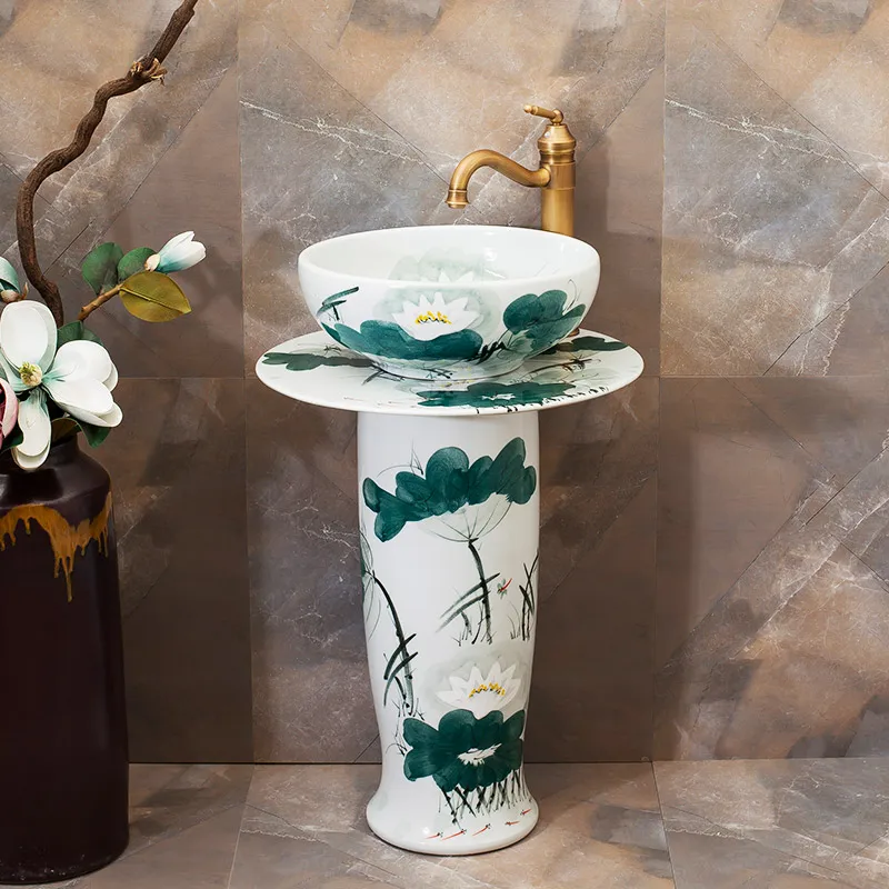 

Ceramic bathroom column basin, small unit type washbasin, floor standing basin, integrated sink, balcony washbasin