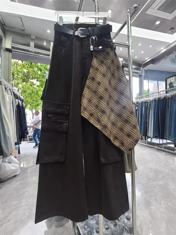 

Slimming Effect Plaid Fashion Work Pants Women Loose Straight Leg Jeans Wide Leg Pants Outlet High Waist Cargo Pants
