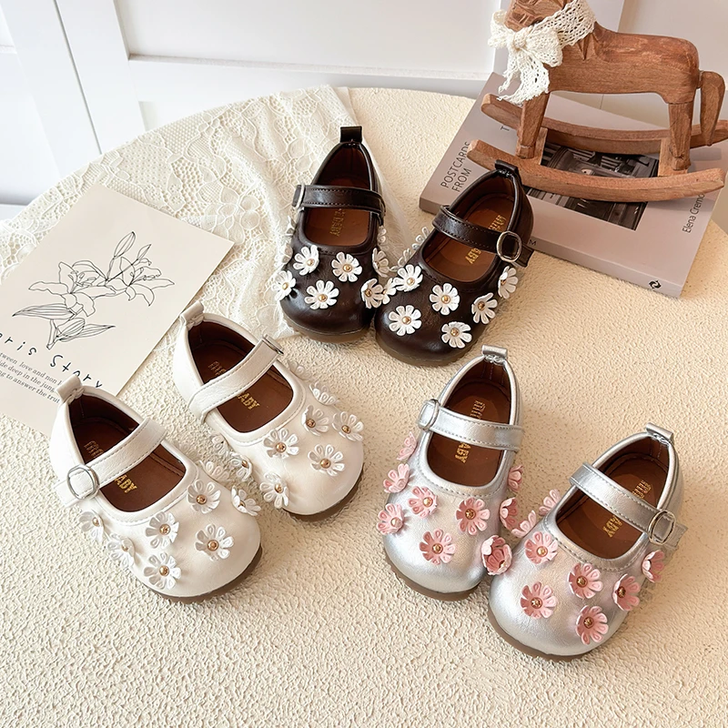 Girls' Korean Style Round Toe Leather Shoes with Flower Decoration Mary Jane Shoes Children's Anti-Slip Shallow Mouth Shoes