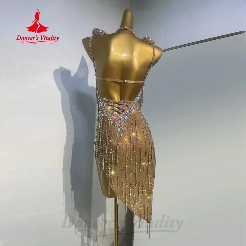 Latin Dance Dresses Customized High-end Luxury Rhinestone Fringe Sexy Backless Dress Adult and Children Performance Costumes