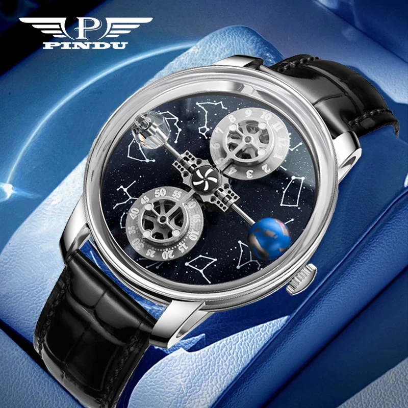 

PINDU New stainless steel Mechanical Watch Men Miyota 8215 Movement Sapphire Mirror 100m Waterproof Hollow celestial body Watch