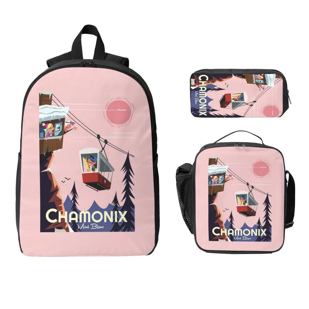 Mochila con póster de Chamonix Mont Blanc, mochila escolar para niños y niñas, bolsos de hombro para ordenador, bolsa de almuerzo con aislamiento de 3ps, estuche para lápices