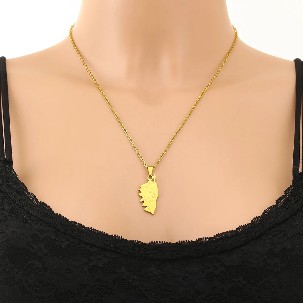 Stainless Steel Corsica Island Map Necklace France Map City Pendant Necklace Gold Steel Color Map Jewelry Gift Unisex