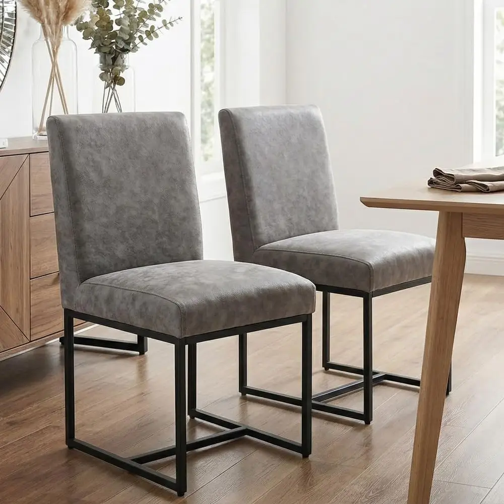 

Set of 2 Grey PU Leather Upholstered Dining Chairs with Black Metal Legs