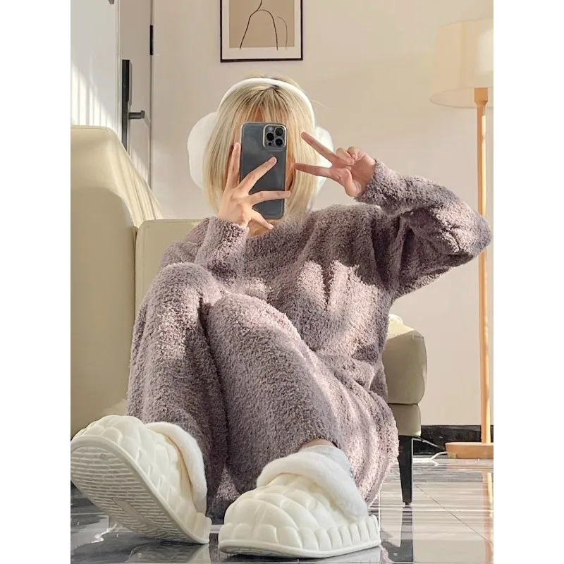 

Korean Simple Fallow Long Sleeve Knit Pajamas Ms.wintertime New Style Sense of Advanced Loungewear A Thick Suit Soft Comfort