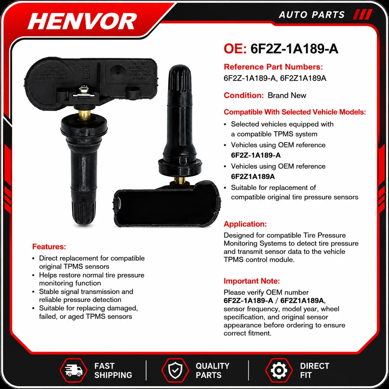 6F2Z-1A189-A 6F2Z1A189A TPMS Tire Pressure Sensor Automotive Wheel Pressure Monitoring System