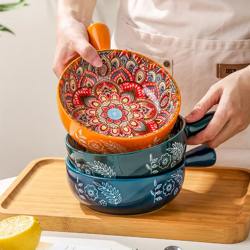 Creative Bohemian Ceramic Single Handle Bowl Salad Instant Noodles Dessert Bowl Carved Handle Plate Home trays decorative new