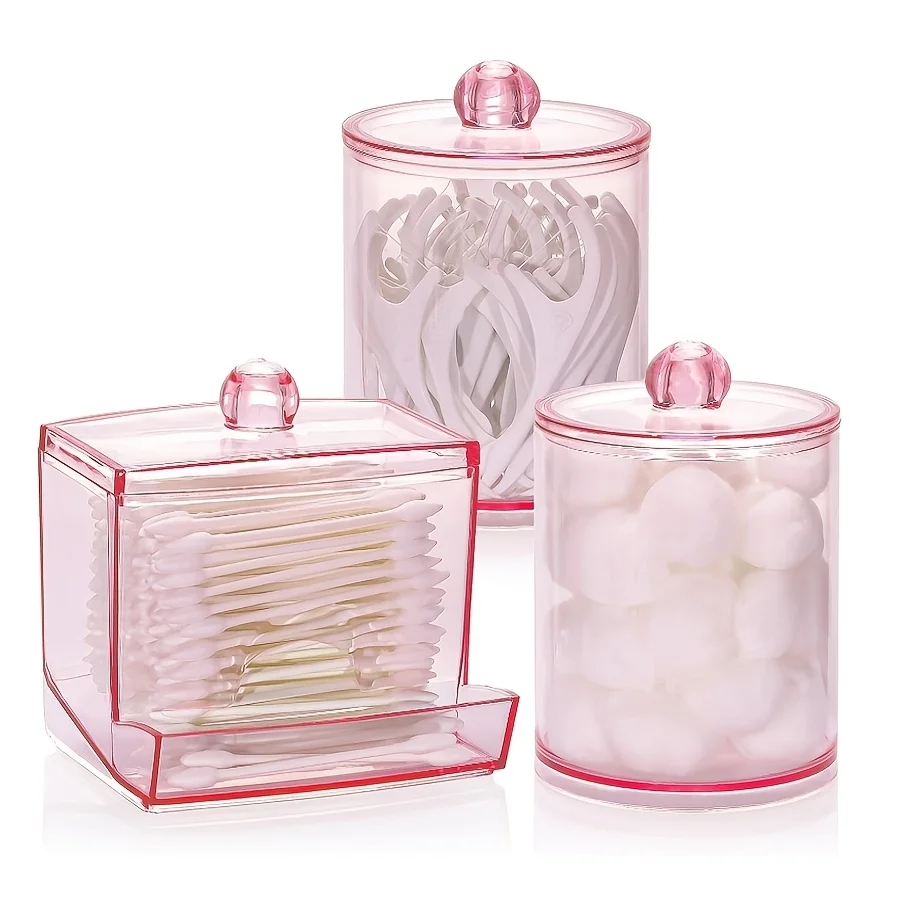 3pcs Qtips Dispenser Bathroom Container, 10/7 Oz Makeup Ball Holder, Apothecary Jar Organizer Storage Box Qtips Swab, Round Pads