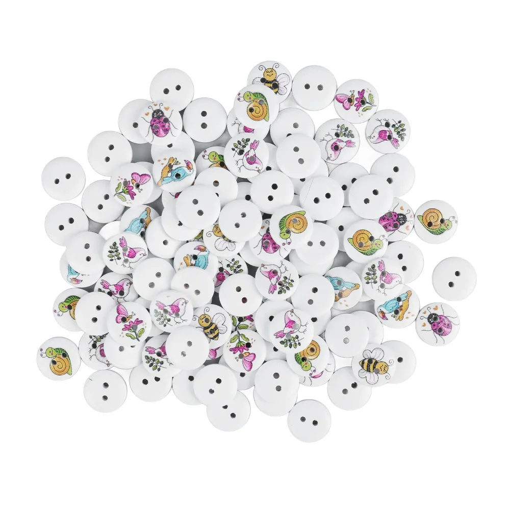 100pcs Colorful 0.6 Inch Wooden Buttons Mixed Printed 2 Holes Decorative Buttons Round Buttons For DIY Crafts
