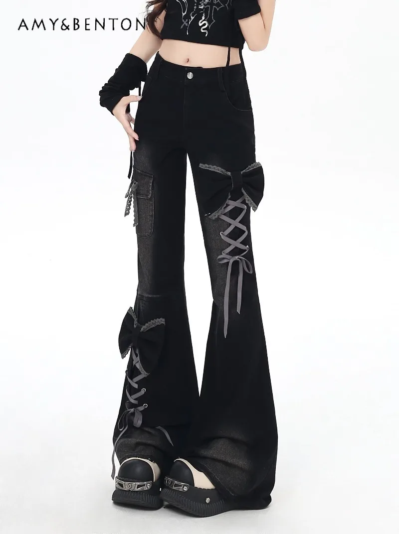 

Original Three-Dimensional Bow Y2K High-Waisted Slim Flared Pants Sexy Sweet Cross-Tie Versatile Harajuku Style Flared Pants