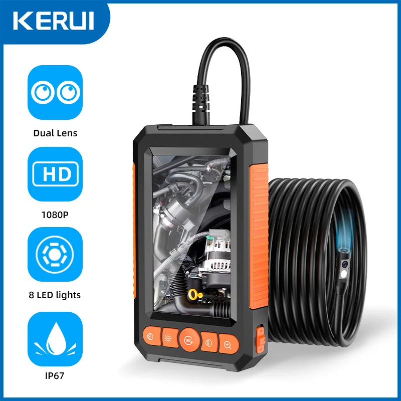 KERUI Endoscopio da 2 MP con schermo IPS 4.3 per tubi fognari a doppia lente Telecamera di ispezione impermeabile Periscopio Monitor LED di