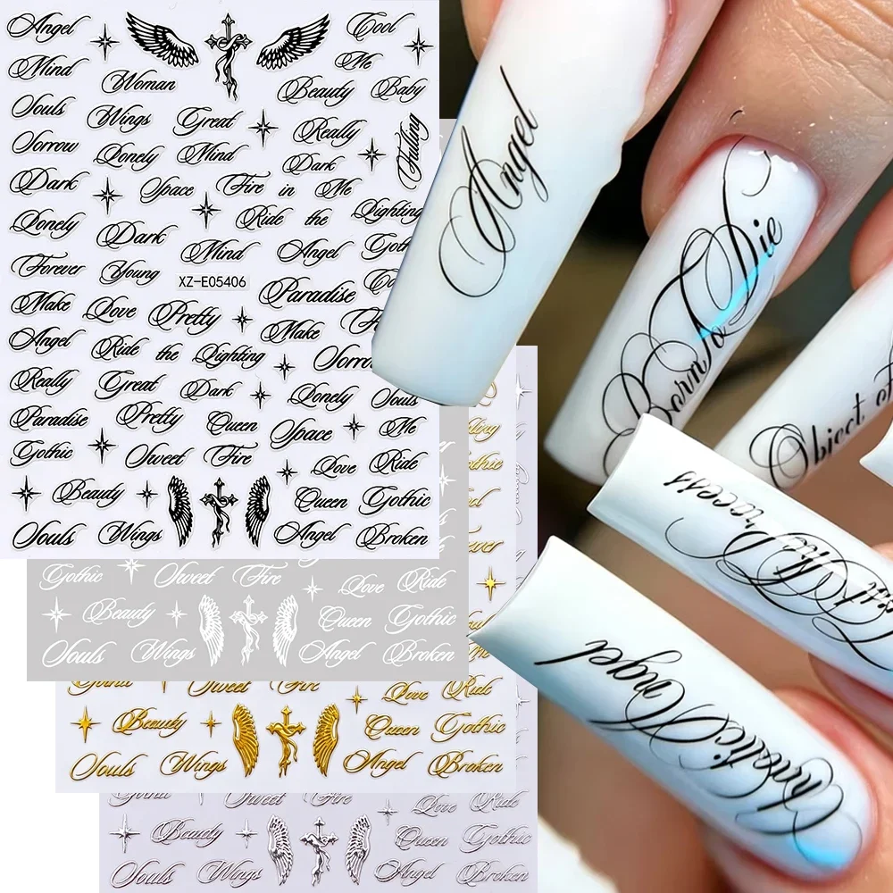 4Pcs Vintage Script English Nail Stickers 3D Gothic Black Gold Silver Cursive Old English Wing Cross Star Nail Decal Y2K Nail De
