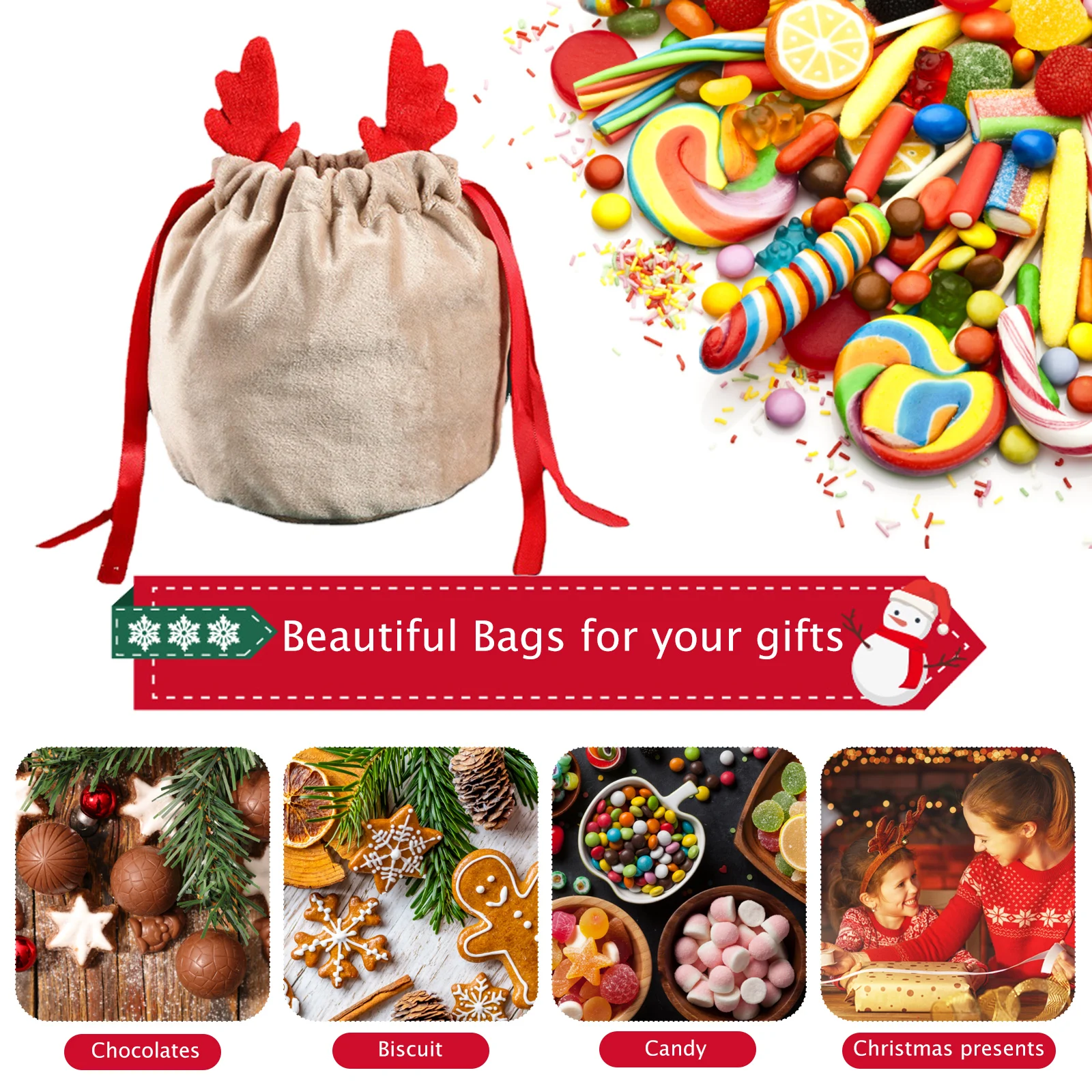 5/10 Velvet Santa Claus Children\'s New Year Gift Party Gift Bag Drawstring Gift Bag Christmas Reindeer Candy Gift Bag